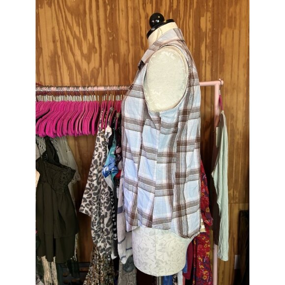 Bit & Bridle Turquoise Plaid Sleeveless Collar Button Down Equestrian Western L - Picture 5 of 8